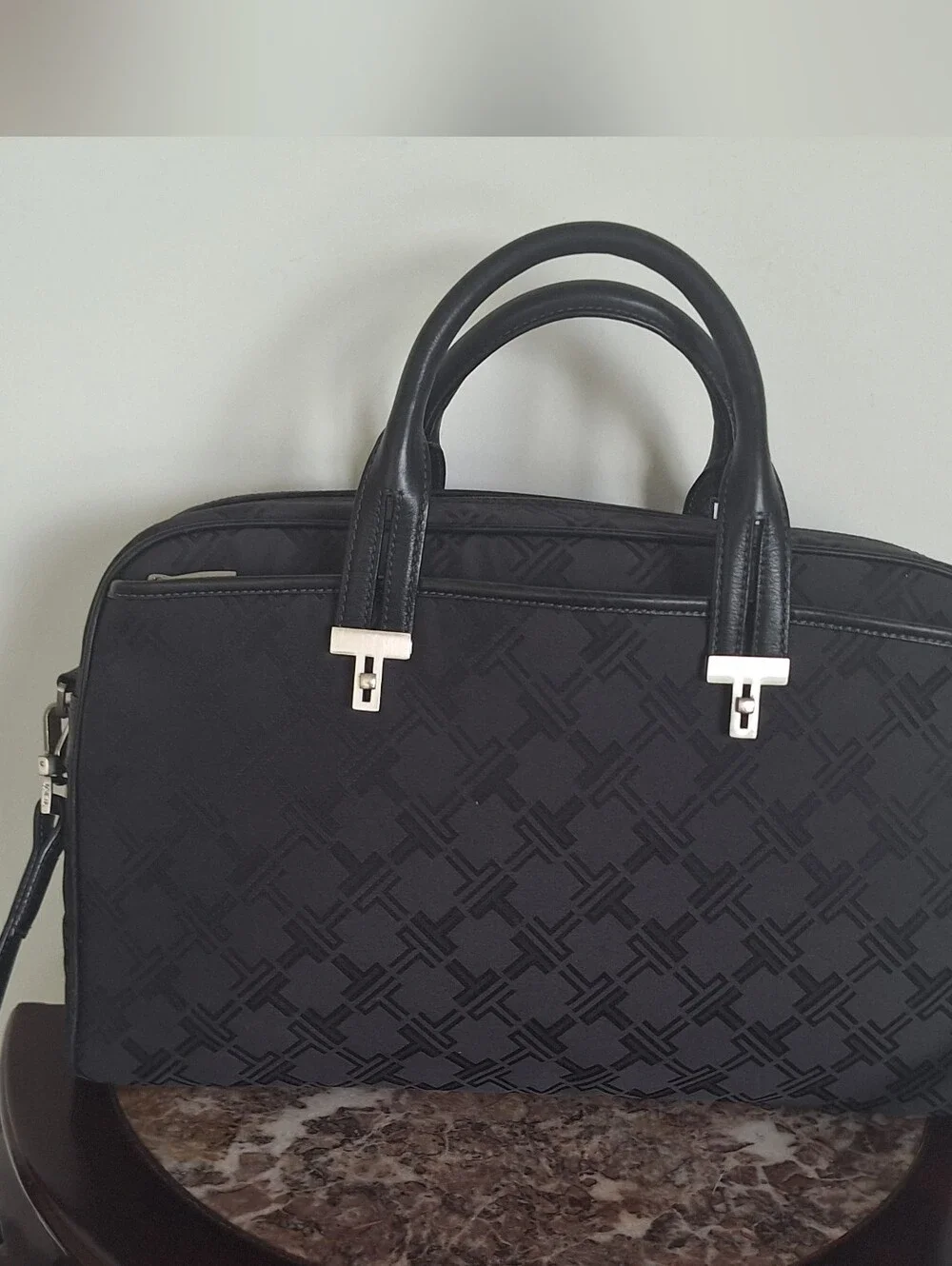 Tumi Black Quilted Logo Laptop Tote with Leather Handles